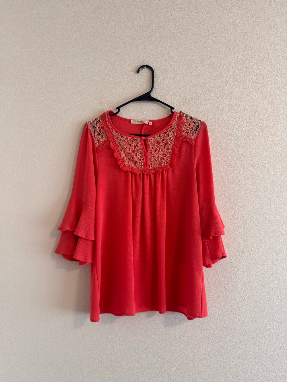 Andree by unit Red Lace-Yoke Blouse with Tiered Bell Sleeves
